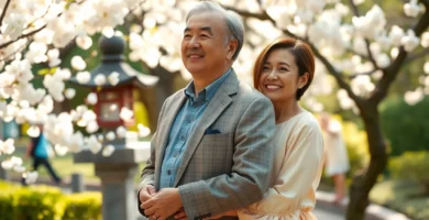 夕日を眺めながら抱き合う熟年カップルの画像