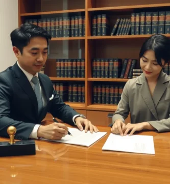 役所内で婚姻契約書に署名しようとしているカップルの画像。
