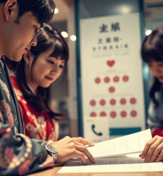 結婚を控えたカップルがオフィスで書類を確認している画像
