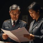 アメリカ兵と日本の役人が書類を確認している画像