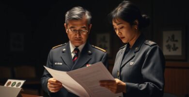 アメリカ兵と日本の役人が書類を確認している画像