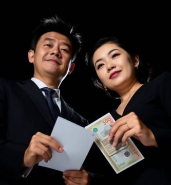 契約書と請求書を手に持った夫婦の黒い背景の画像