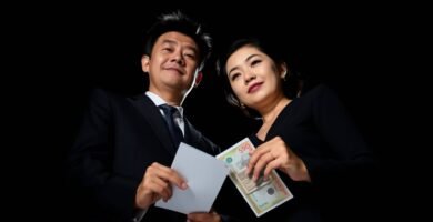 契約書と請求書を手に持った夫婦の黒い背景の画像