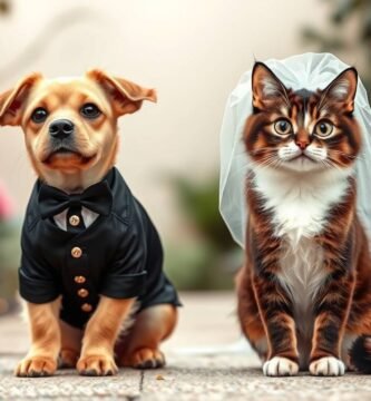 ウェディングドレスを着た犬と猫の写真
