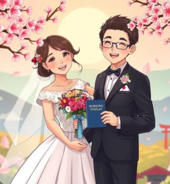 花とアーチを背景に結婚式を挙げるカップルの画像