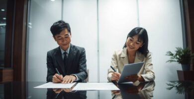 オフィスで書類に署名しようとしている2人の人物の画像