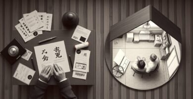 一連の文書のサムネイル画像と、その横に家の中に2人の人物が写っている画像