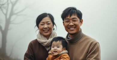 夫婦と息子が笑顔でいる家族の画像