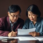 オフィスで書類を確認している老夫婦の画像