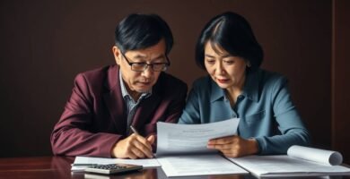 オフィスで書類を確認している老夫婦の画像