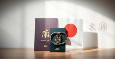 日本の国旗と結婚指輪の横にパスポートが描かれた画像