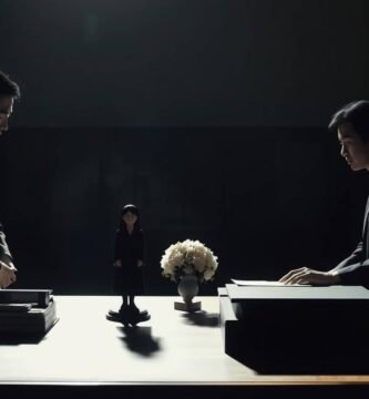 寒くて暗い環境で向かい合っている 2 人の男性の画像。