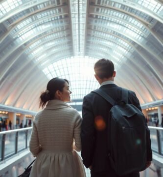 日本人女性と外国人のカップルが駅を歩いている画像。