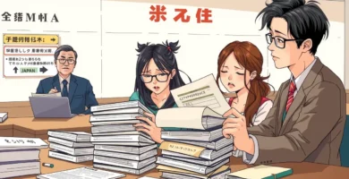 疲れた顔で書類の束を確認しているオフィスワーカーのグループの画像