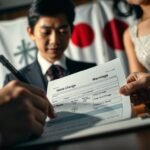 結婚届に署名しようとしているカップルの画像