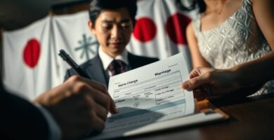 結婚届に署名しようとしているカップルの画像