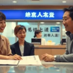 官庁で笑顔を見せるカップルの画像