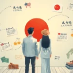 : 壁に描かれた国旗や国のシンボルを眺める新婚夫婦の画像。