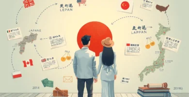 : 壁に描かれた国旗や国のシンボルを眺める新婚夫婦の画像。