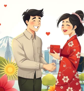 自由の女神像とエッフェル塔を背景にした幸せな新婚カップルの画像