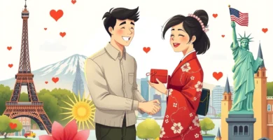 自由の女神像とエッフェル塔を背景にした幸せな新婚カップルの画像