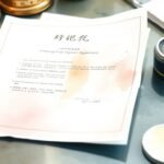 作業台の上の書類とスタンプの画像