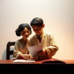 書類を確認している日本人夫婦の人形風画像