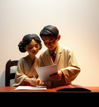書類を確認している日本人夫婦の人形風画像