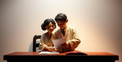 書類を確認している日本人夫婦の人形風画像