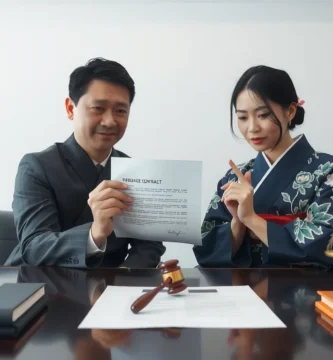 天秤のような正義のシンボルが側面に描かれたオフィスで書類を確認している日本人カップルの画像。
