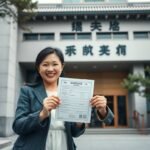 行政事務所を背景に書類を手に取る女性の画像