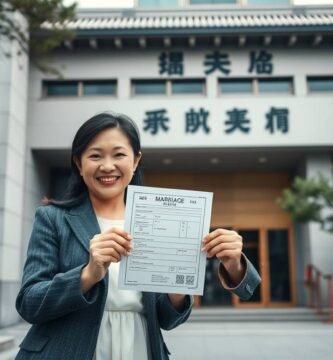 行政事務所を背景に書類を手に取る女性の画像