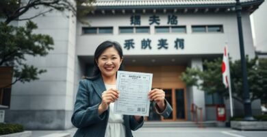 行政事務所を背景に書類を手に取る女性の画像