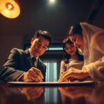 他の人に付き添われて結婚証明書を記入するカップルの画像