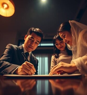 他の人に付き添われて結婚証明書を記入するカップルの画像