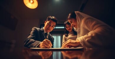他の人に付き添われて結婚証明書を記入するカップルの画像