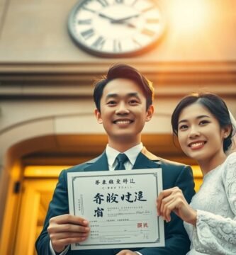 結婚したばかりのカップルが証明書を見せている画像