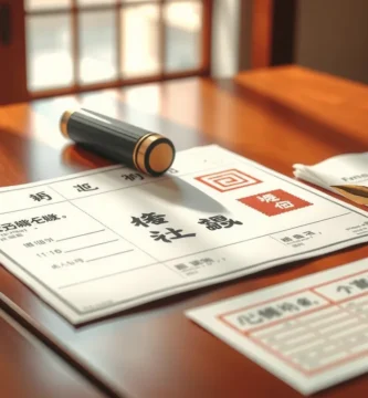 茶色のテーブルの上に、ペンとスタンプの横に一連の書類が置かれている画像
