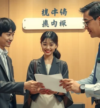 書類を確認しながら話し、笑顔を見せる人々のグループの画像