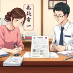 オフィスで書類に署名する日本人カップルの漫画風画像