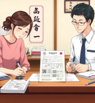 オフィスで書類に署名する日本人カップルの漫画風画像