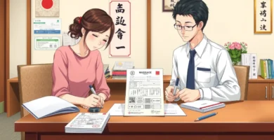 オフィスで書類に署名する日本人カップルの漫画風画像