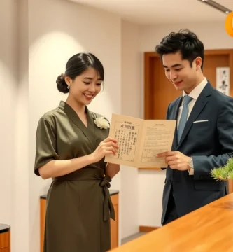 オフィスで結婚証明書を受け取るカップルの画像