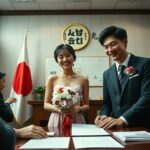 オフィスで結婚式を挙げる日本人男性と韓国人女性のカップルの画像