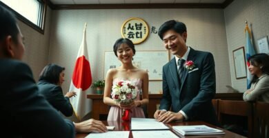 オフィスで結婚式を挙げる日本人男性と韓国人女性のカップルの画像