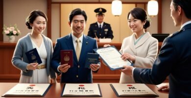 役所でビザを受け取る3人のグループの写真