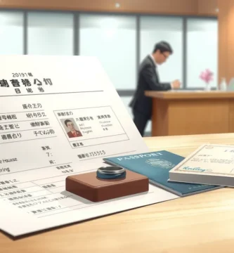 背景にオフィスがあるパスポートの横に捺印された婚姻文書の画像