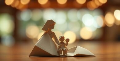 子供を抱く母親のミニチュア木製像