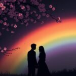 虹を背景にしたカップルの画像。画像では彼らのシルエットだけが見える