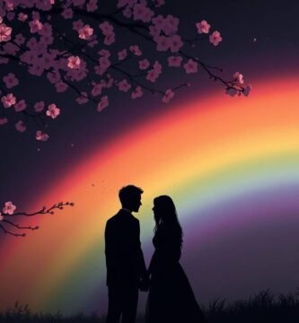 虹を背景にしたカップルの画像。画像では彼らのシルエットだけが見える